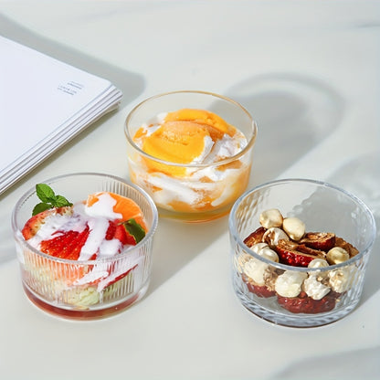 Versatile clear glass dessert bowls in 3 sizes for any occasion, suitable for yogurt, jams, and other desserts. Hand wash only. Reusable and recyclable.