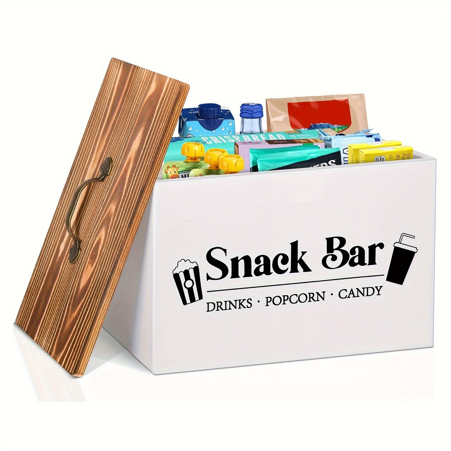 Wooden snack organizer with handles for kitchen, pantry, and countertop storage. Ideal for organizing chips, candy, and drinks.