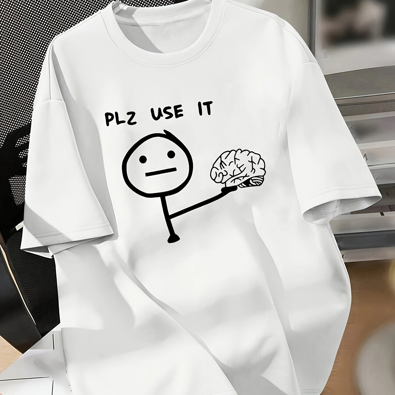 Women's casual graphic tee featuring "Plz Use It" cartoon brain design, short sleeves, crew neck, polyester spandex blend, and relaxed fit for spring and summer. Machine washable.