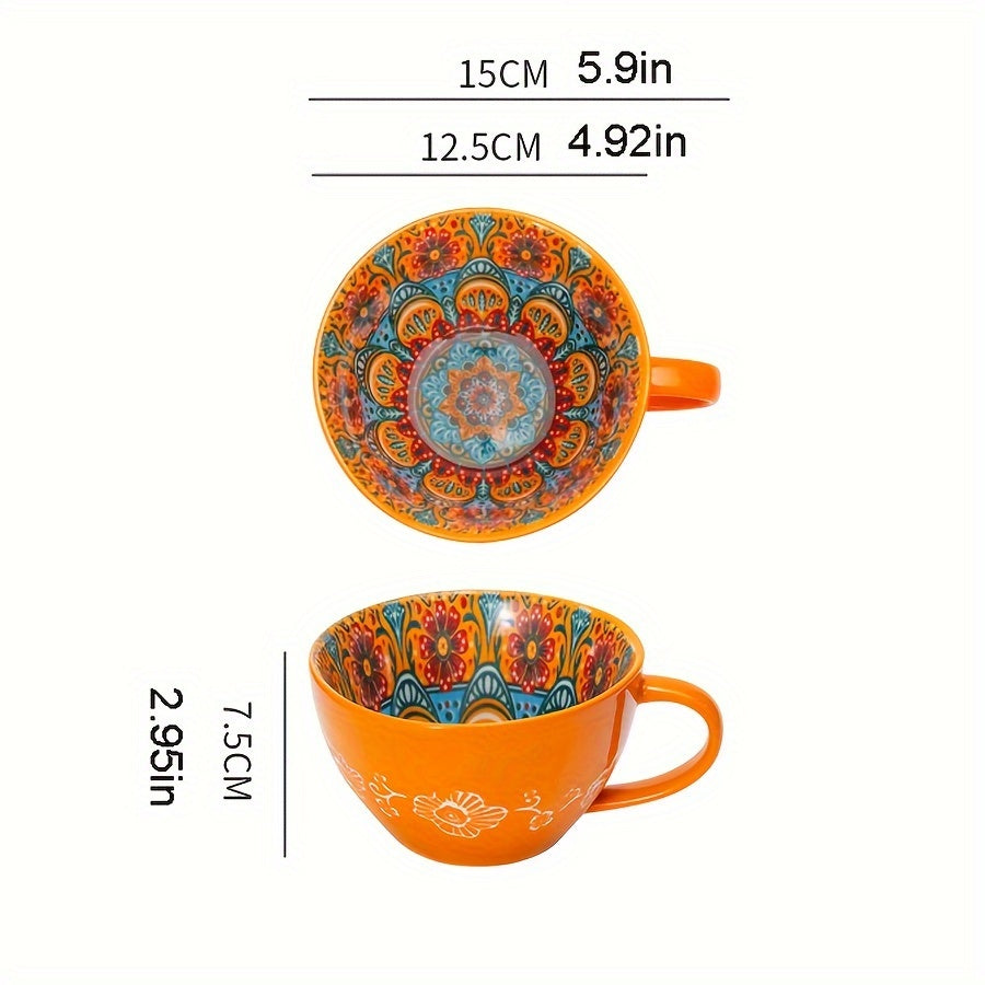 15oz Bohemian style ceramic mug with handle for latte, tea, coffee, cappuccino, cocoa, soup, and oat.