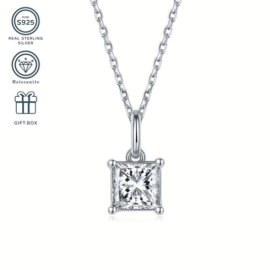 Beautiful 925 Sterling Silver Moissanite Jewelry Set - Timeless Square Pendant & Stud Earrings, Safe for Sensitive Skin, Ideal for Weddings, Birthdays & Celebrations - Comes with Gift Box