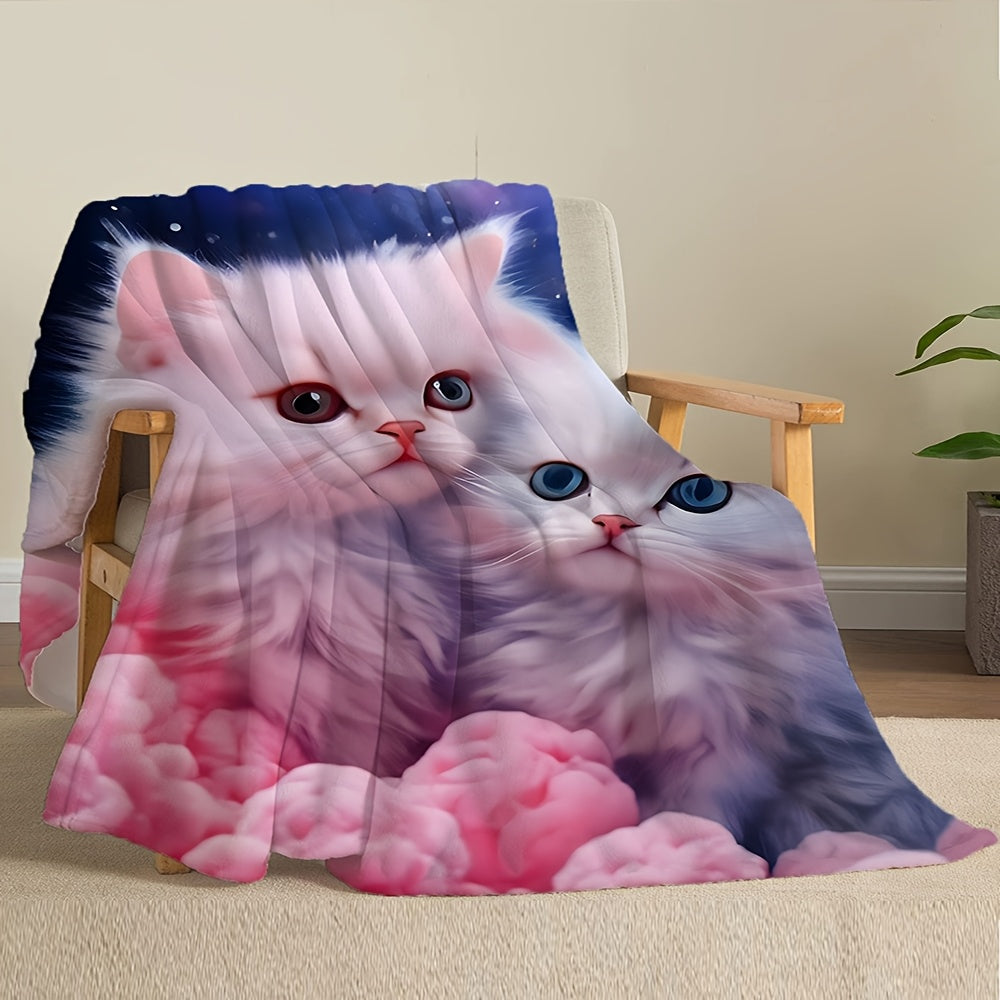 Contemporary geometric-patterned flannel throw blanket featuring a cute cat design - Easy to care for with machine washable and stain-resistant properties. Versatile knit fabric makes it ideal for all seasons, perfect for office, home, or travel. Soft