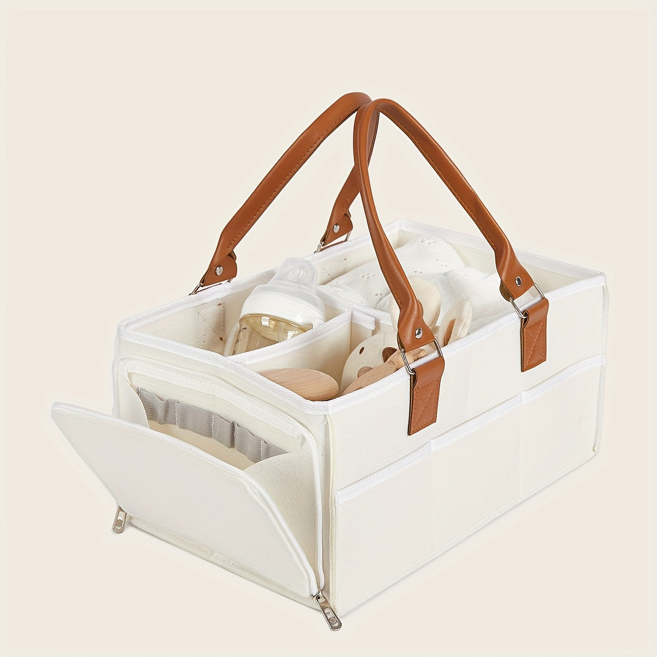 Spacious Light Grey Mommy Diaper Bag with Zipper Closure, Foldable Design and Ample Storage Capacity