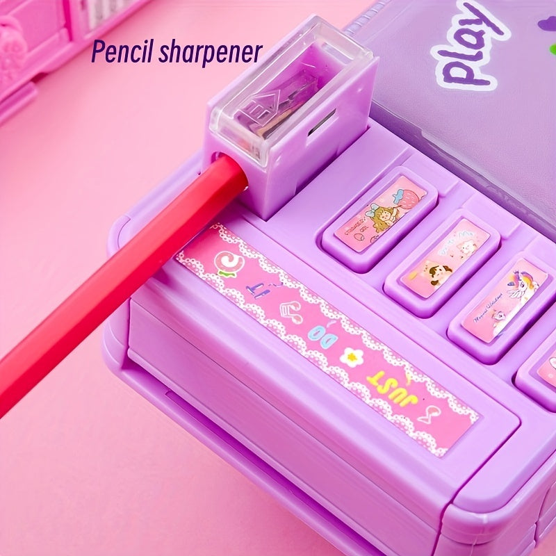 Purple pencil case with password lock, colorful compartments, and secure closure; ideal for girls on the go.