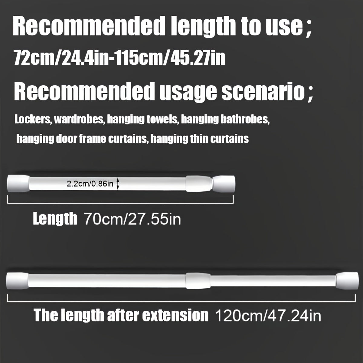 Adjustable tension rod with wall mount brackets for various household uses. Metal construction, easy installation, durable, and minimalist design.