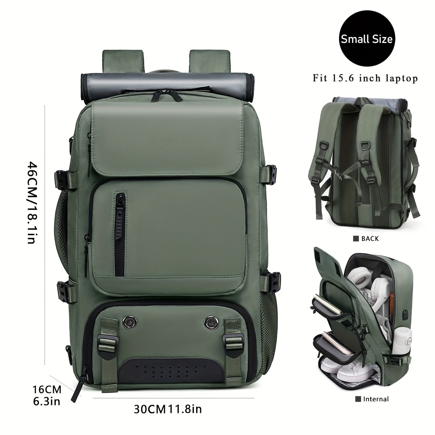 Men's travel backpack with large capacity for hiking, business, and laptops, includes a waterproof shoe bag.