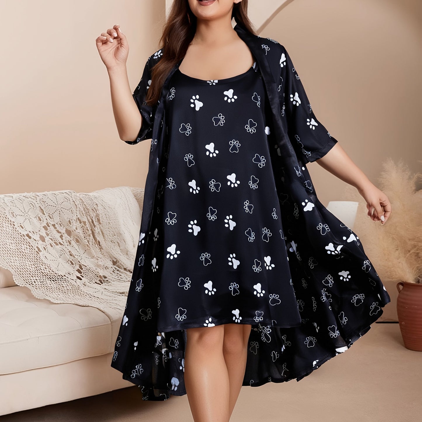 Plus Size Elegant Pajama Set with Satin Leopard Print Robe and Cami Dress.