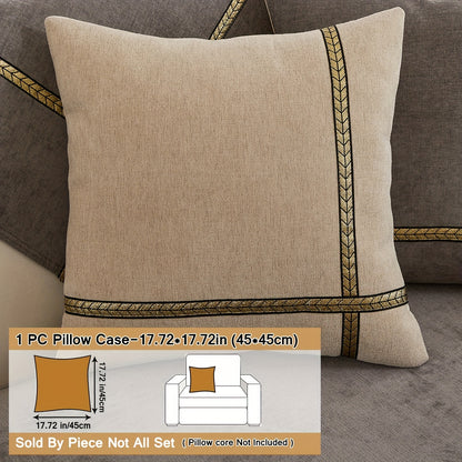 Elegant gray chenille sofa cover with golden braided trim. Non-slip, pet-friendly, and fits single to four-seater sofas. Perfect for all-season use as an elegant home decor in the living room.