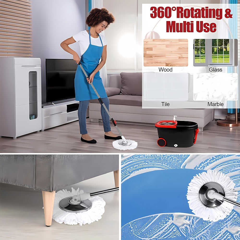 Premium Spin Mop and Bucket Set with Wrist Strap, Includes 4 Microfiber Replacement Heads, 2 Rolling Wheels, Hands-Free Floor Cleaning Kit for Living Room, Bedroom, Bathroom, and Kitchen - Made with Long-lasting Plastic Material