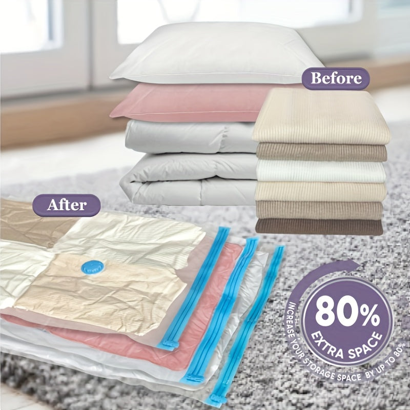 Get organized with our Vacuum Storage Bags Set! This set includes 30 pieces in various sizes: 6 Large, 6 Medium, 6 Small, and 6 Rolls. Save up to 80% of space for storing clothes, quilts, blankets, bedding, and more. These compressed sealed bags are