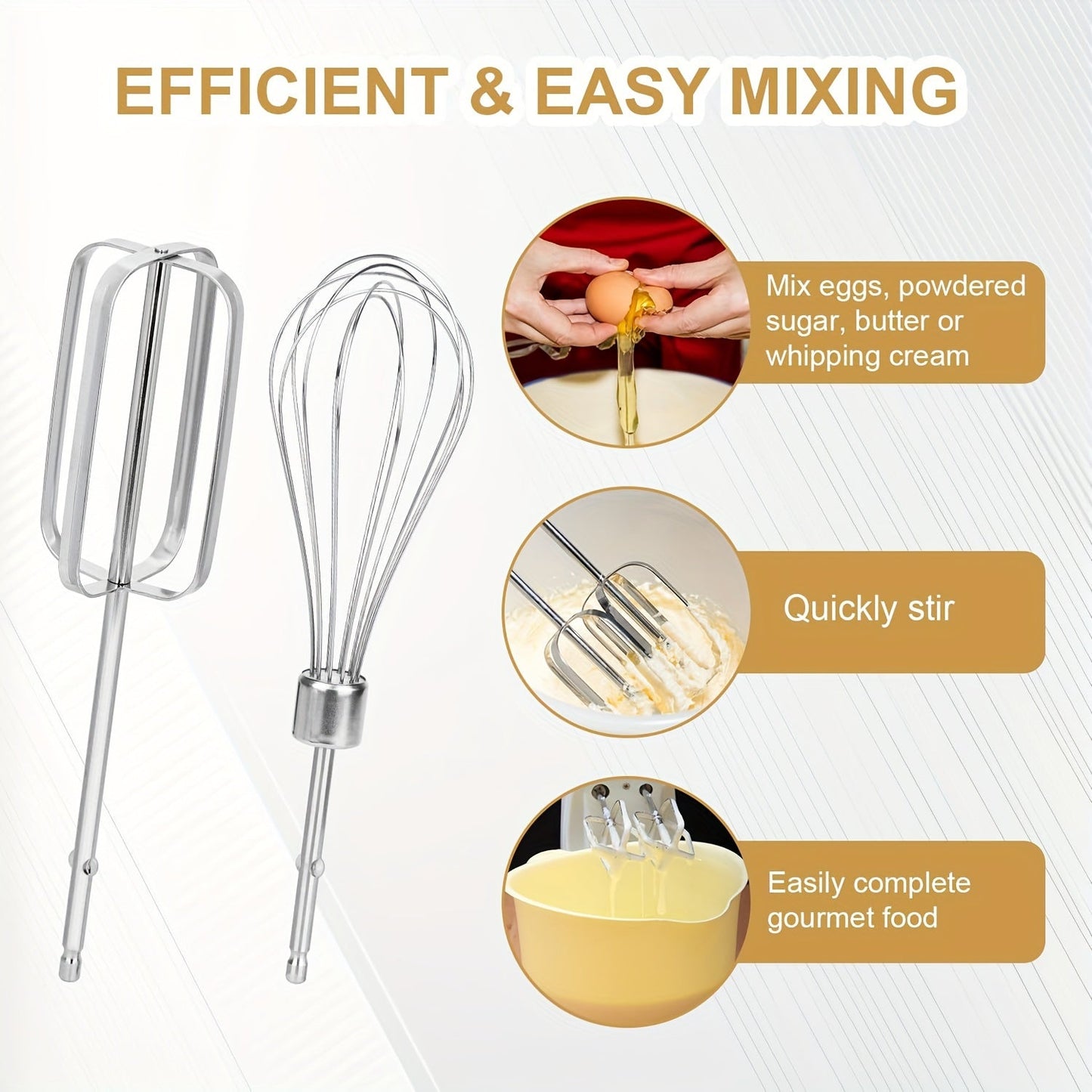 Set of four stainless steel hand mixer attachments - Includes versatile beaters for easy whisking, blending, and baking - Compatible with City Beach mixers.