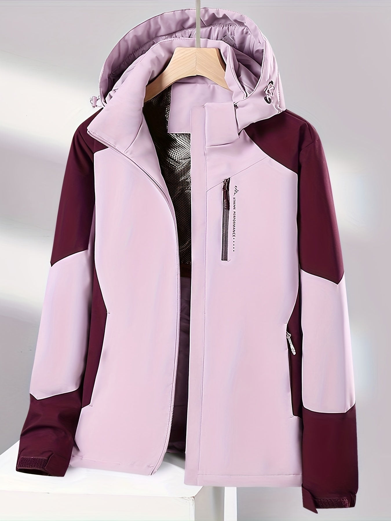 Women's Color Block Hooded Polyester Winter Sports Jacket with Waterproof and Lightweight features, Long Sleeve Zippered Coat with 100% Polyester Lining, H Fit, 150g/m² Fabric Weight.