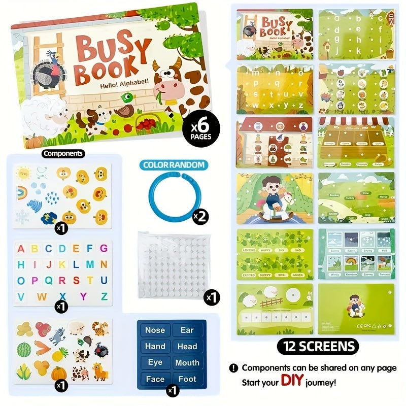 Interactive educational busy book for ages 3+ with alphabet and logic activities. Vibrant paper materials make it an early learning cognitive game, perfect for preschoolers.