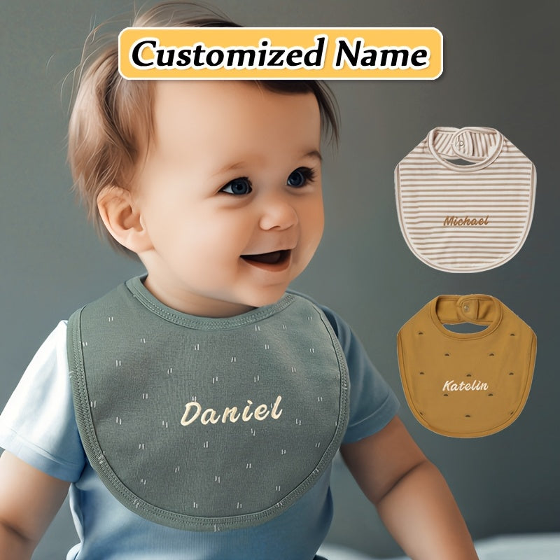 Customized Embroidered Name Adjustable Snap Bib made with Soft Absorbent Knit Fabric for Babies. This Non-Waterproof Feeding Drool Bib is great for Newborns and is Perfect for Christmas and New Year Gifts.