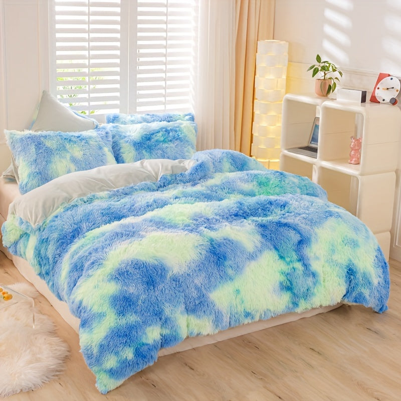 Y2K Tie Dye Plush Duvet Cover Set includes 3 pieces (1 Duvet Cover + 2 Pillowcases), providing soft and warm bedding.