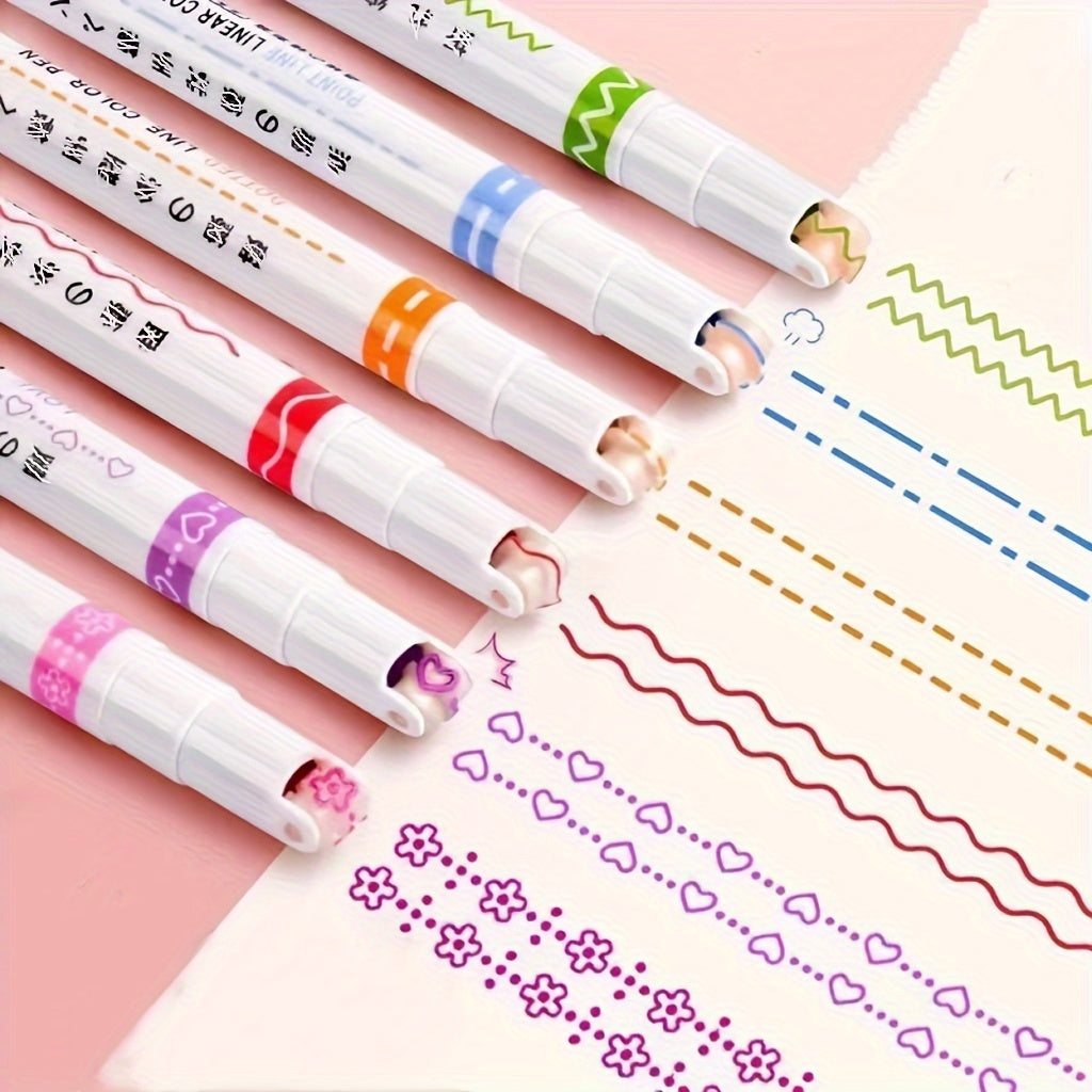 Set of 6 colored curve highlighter pens with 6 different colors and shapes, ideal for note taking.