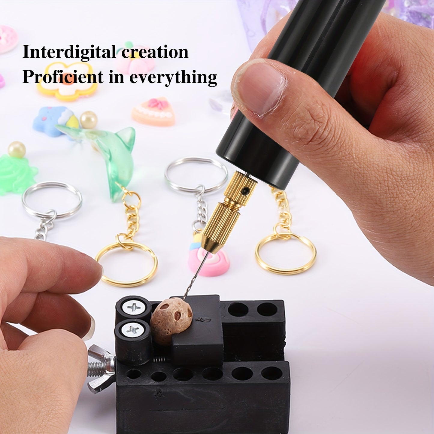 DIY Jewelry Hole Punch Kit with USB Electric Drill, Golden-Tipped Bits for Pearl & Crystal Crafts, Includes 3D Pendant Tool.