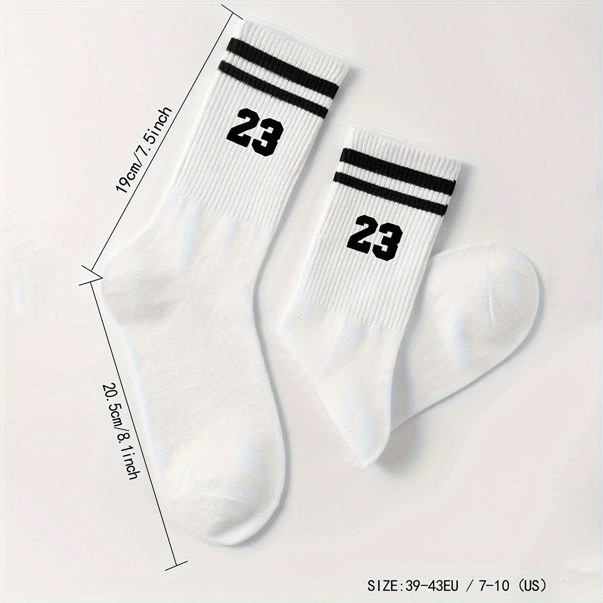 Men's athletic mid-calf socks with striped pattern featuring number 23. Made of 95% polyester and 5% spandex. Hand wash only.