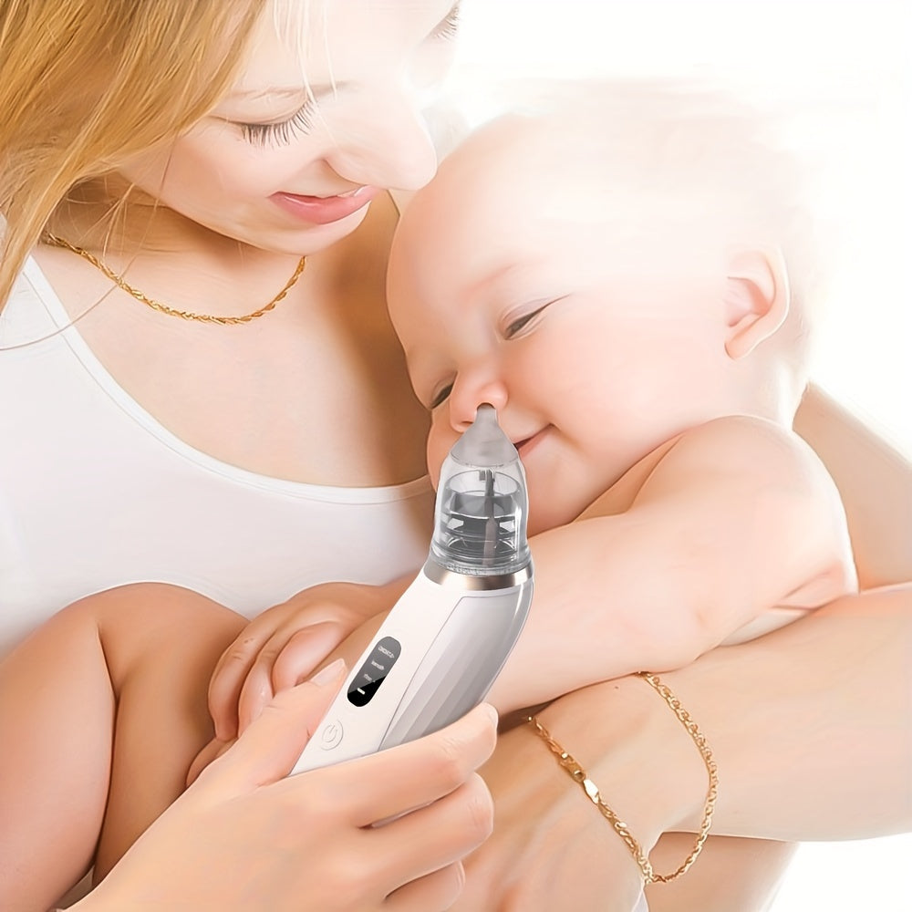 An Electric Nasal Aspirator with Portable Design, Three-Speed Adjustable, Silent Operation, Simulated Backflow Feature, and Includes 2 Types of Silicone Heads