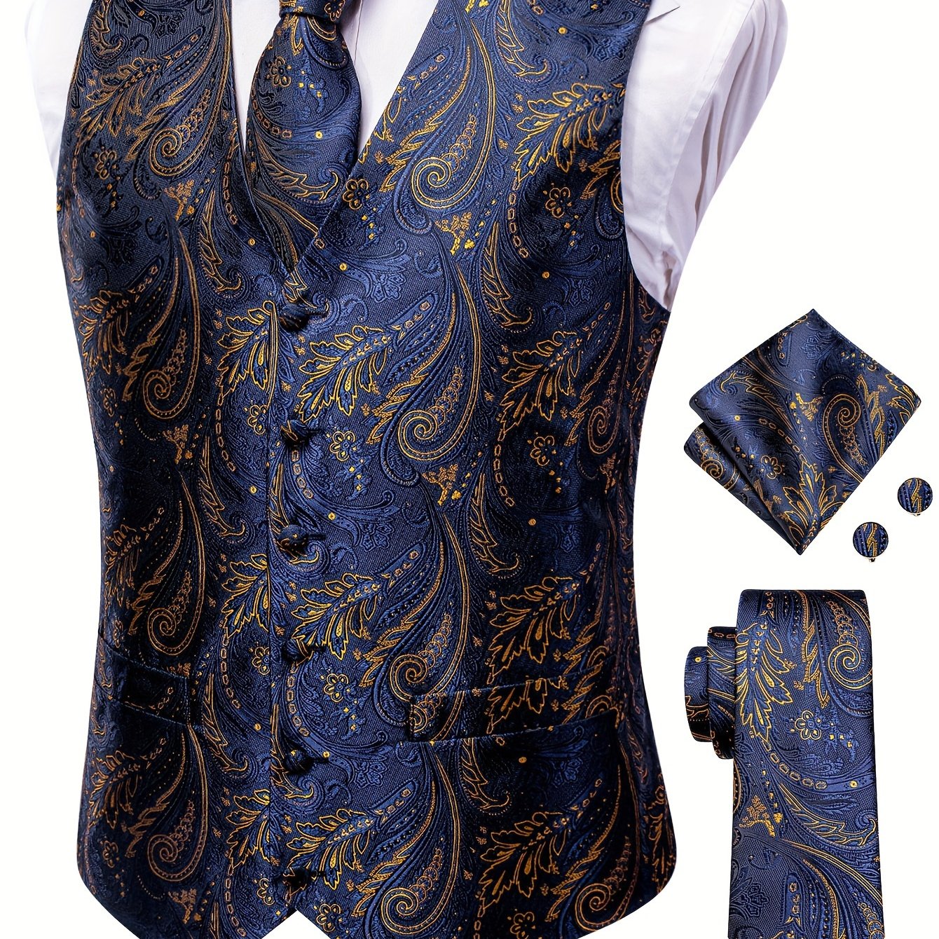 White paisley pattern accessories for big men: waistcoat, necktie, hanky, and cufflinks