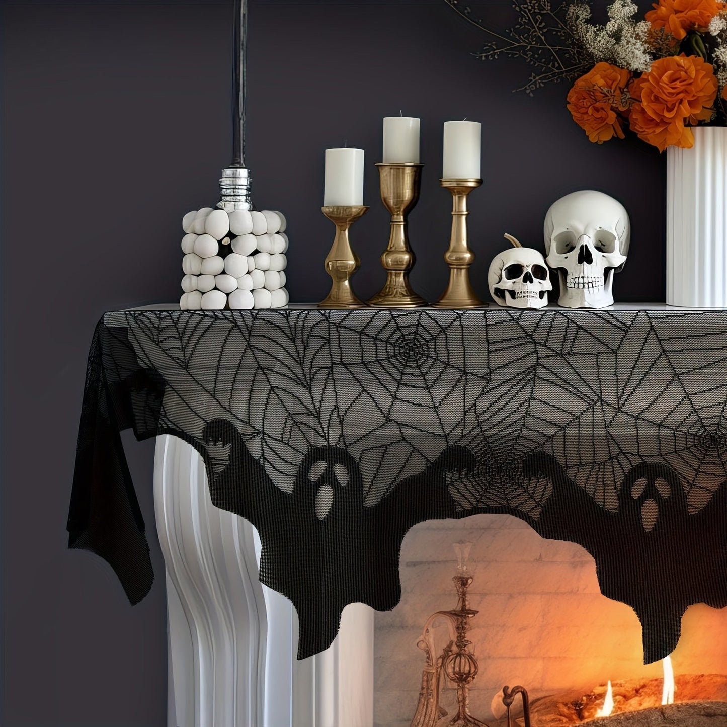 Spooky Black Lace Spider Web Fireplace Mantel Scarf - Gothic Cobweb Design, No Electricity Needed, Great for Halloween Decoration & Themed Events