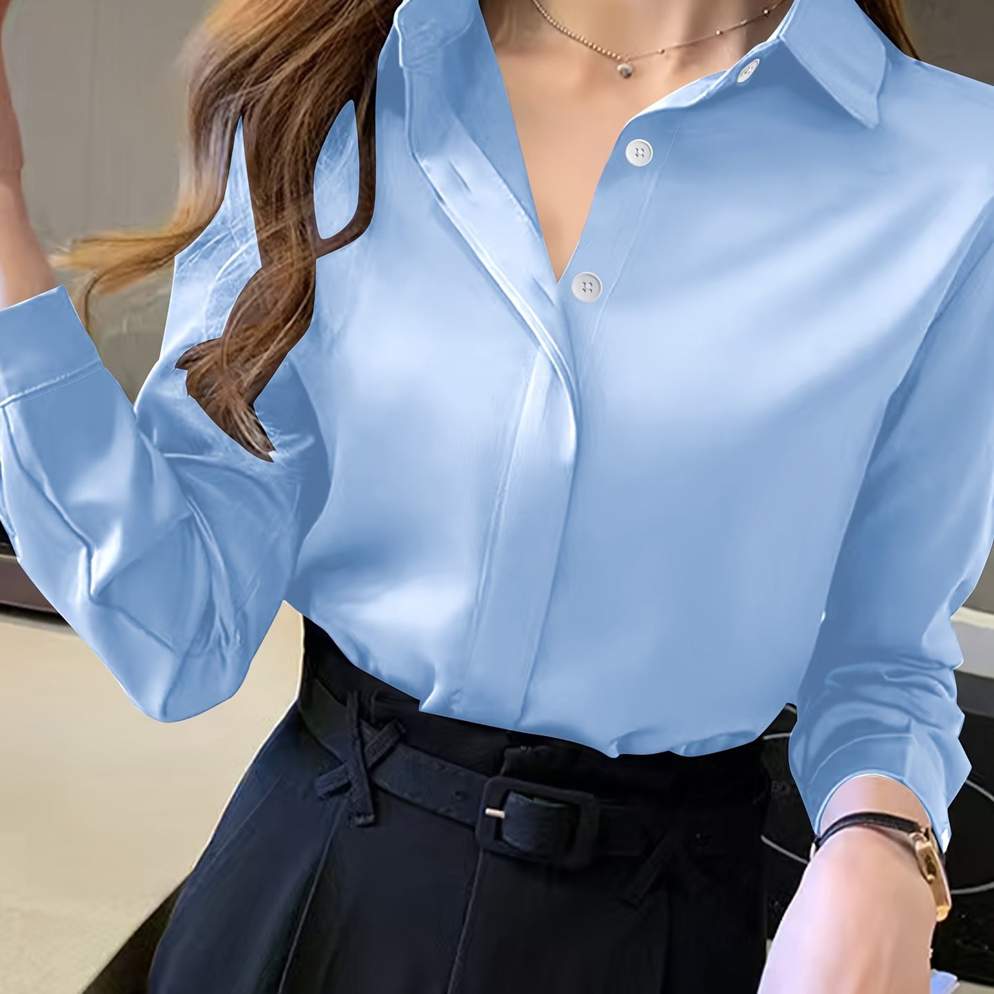 Stylish navy blue long sleeve blouse for women - suitable for work, semi-sheer polyester with button detail, ideal for spring/fall