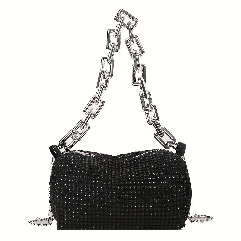 Metallic evening bag with chain strap, zip closure, and polyester lining in silver grey - a stylish accessory for women.