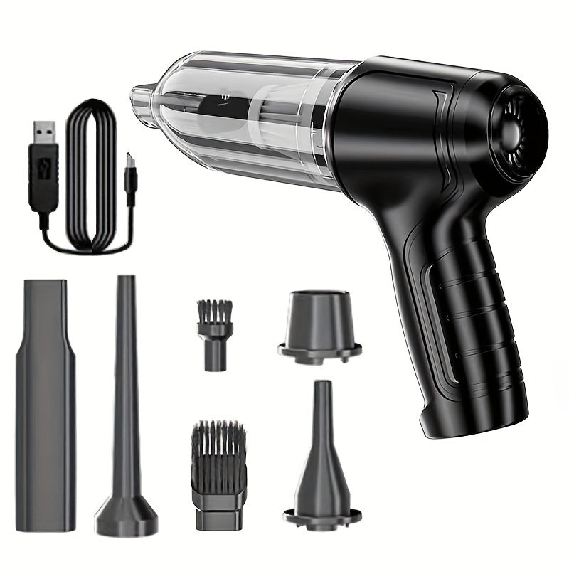 Multifunctional handheld vacuum cleaner can suck and blow dust, debris, pet hair, and is equipped with various accessories for different uses at home or in the car.