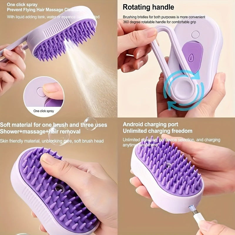 3-in-1 USB rechargeable steam pet brush for grooming with silicone bristles, suitable for long and short hair.