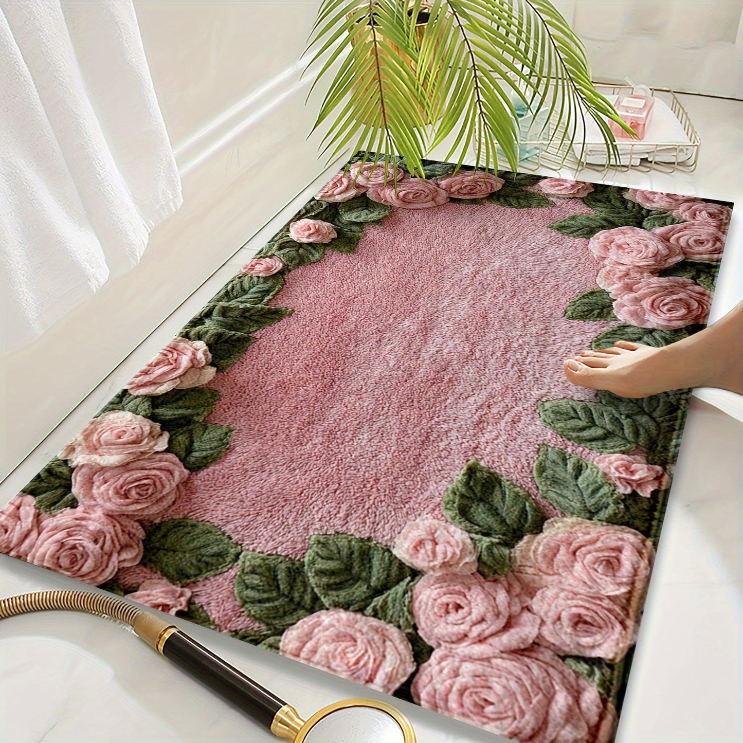 Stylish Pink Rose Non-Slip Bath Mat - Machine Washable, Low Profile with TPR Backing, Knitted Fabric for Bathroom, Bedroom, Kitchen & Entryway - Ideal for Winter Home Decor, Suitable for Outdoor Areas