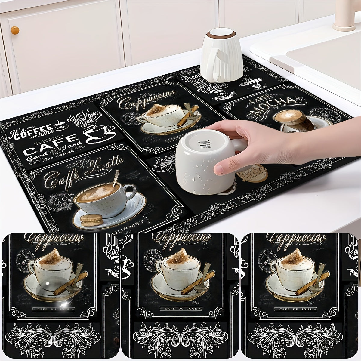 Rubber drying mat with retro coffee printing pattern, ideal for coffee shops and restaurants. This kitchen carpet tableware is made of durable diatom mud and can also be used as a pet mat. Perfect for coffee lovers, this mat also serves as unique home