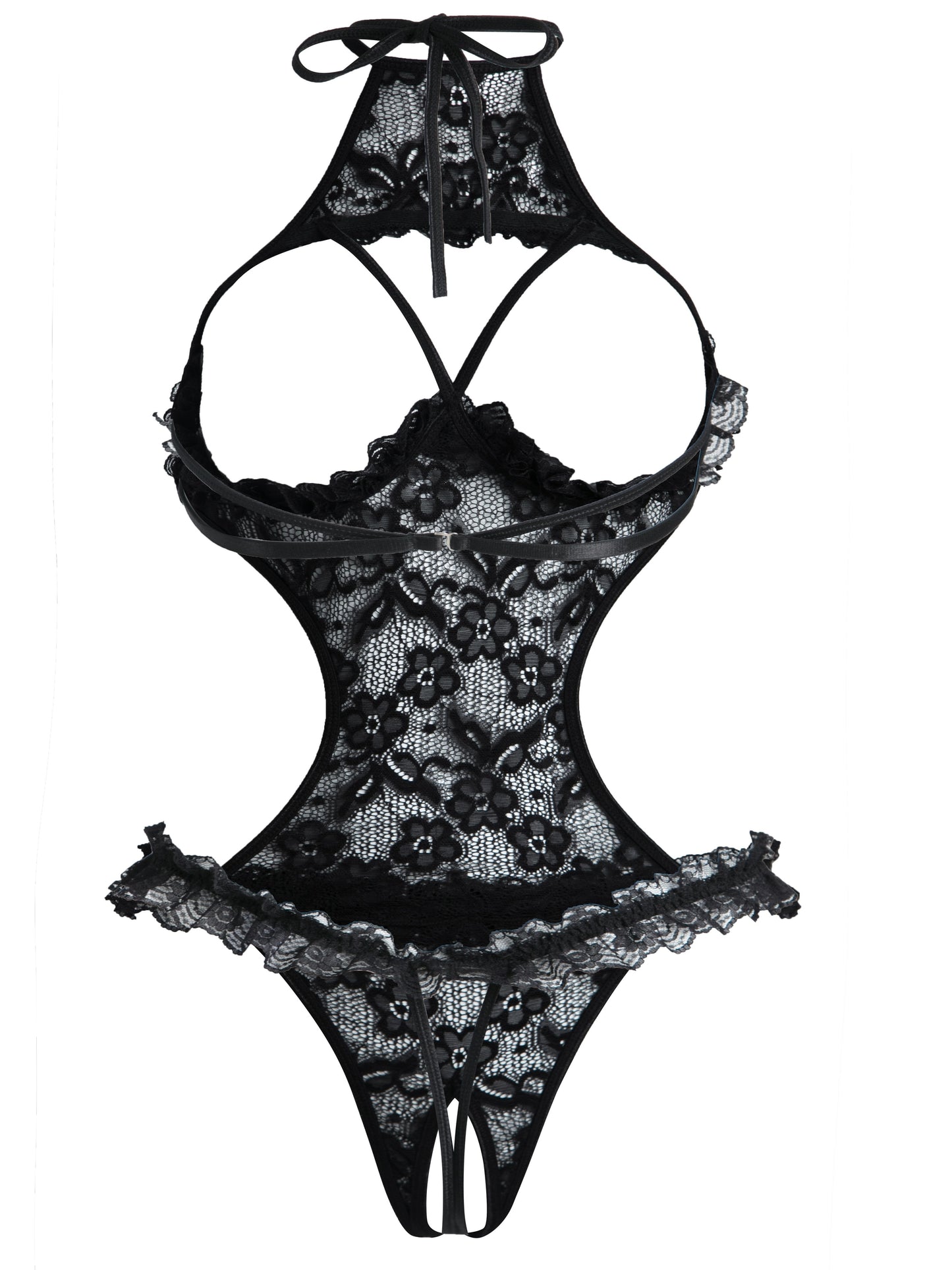 Stylish lace bodysuit for women with asymmetrical design and knit fabric detailing. Perfect for intimate wear.