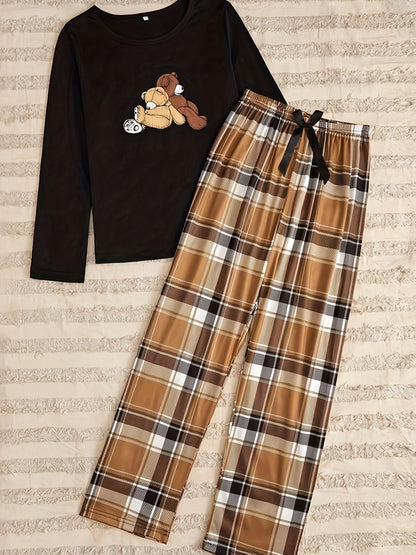 Teddy bear print pajama set featuring long sleeve top and plaid pants for women's sleepwear.