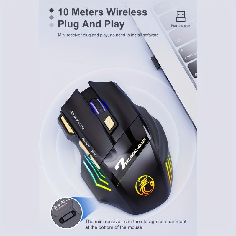 MCPIWOHY Gaming Mouse: 2.4G Wireless, RGB Light, 7 Buttons, Rechargeable Battery, Type-C Charging, 7200 DPI, Right-Handed, Windows 10, LaptopWireless.