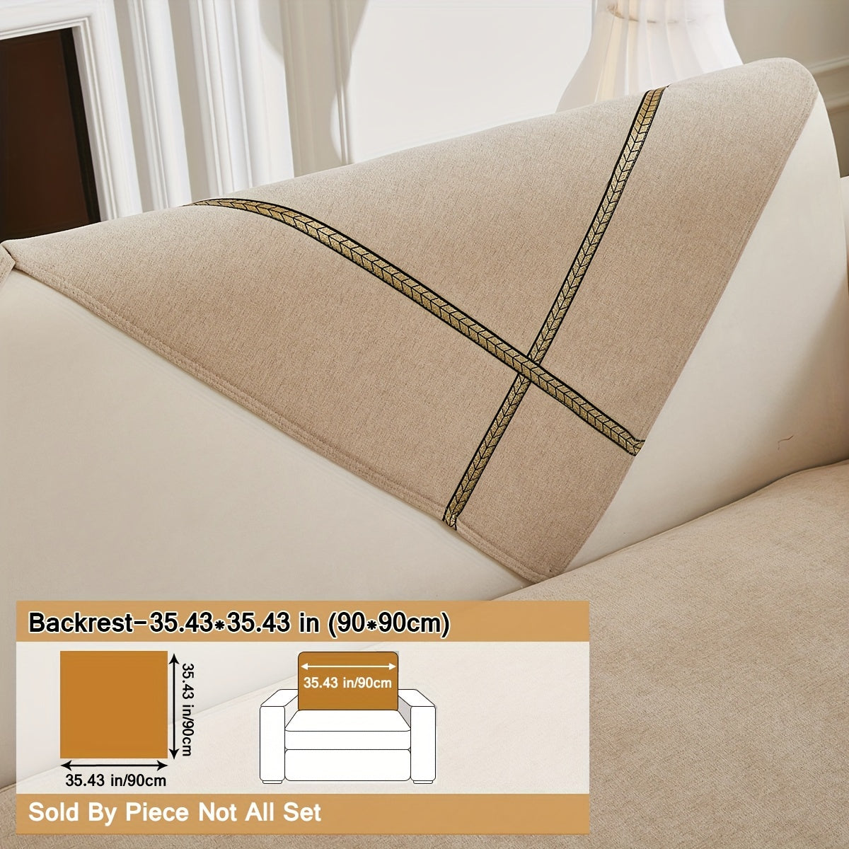 Elegant gray chenille sofa cover with golden braided trim. Non-slip, pet-friendly, and fits single to four-seater sofas. Perfect for all-season use as an elegant home decor in the living room.