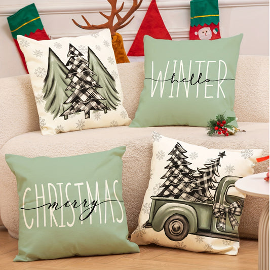 Set of 4 vintage Christmas pillow covers, 45.72x45.72 cm, sage green with tree, truck, and snowflake designs. Winter farmhouse decorative cases for home and office, machine washable polyester, zip closure (no insert)