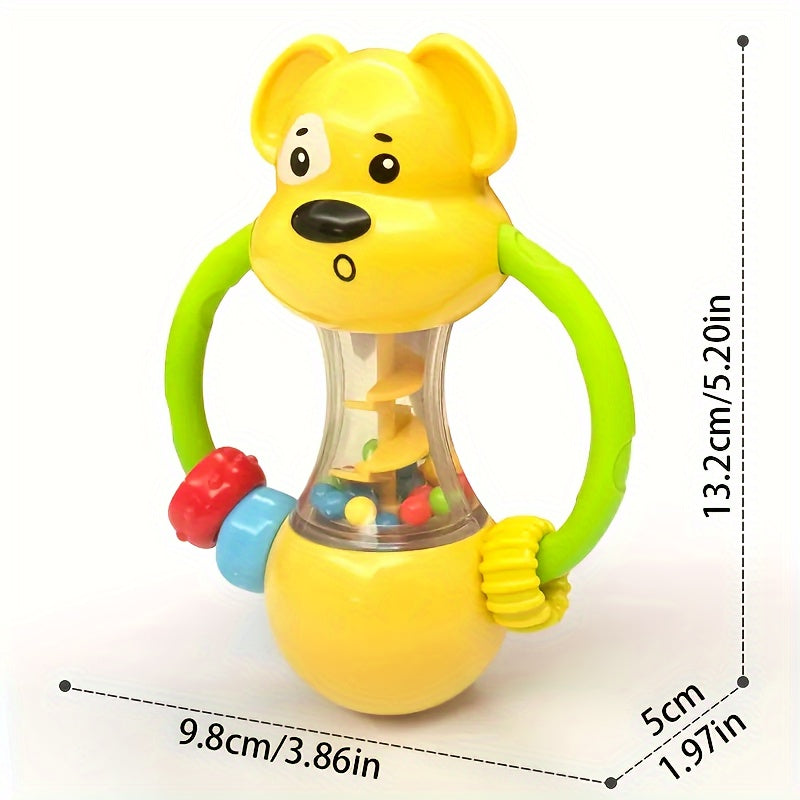 Battery-free handheld interactive vibrating toy for children, designed to improve sensory skills and hand grip strength. Made of yellow ABS material.