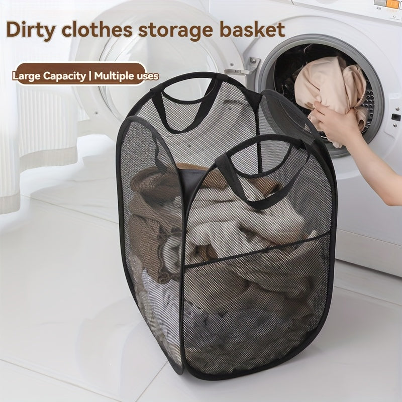 Home laundry basket with large folding design and mesh storage for dirty clothes.