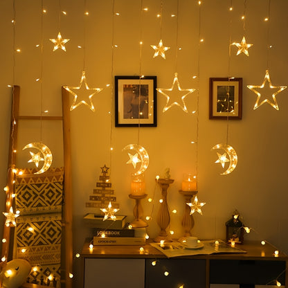 1 LED fairy curtain lights with stars and moon, perfect for Ramadan, weddings, birthdays, parties, and romantic settings - battery-free.