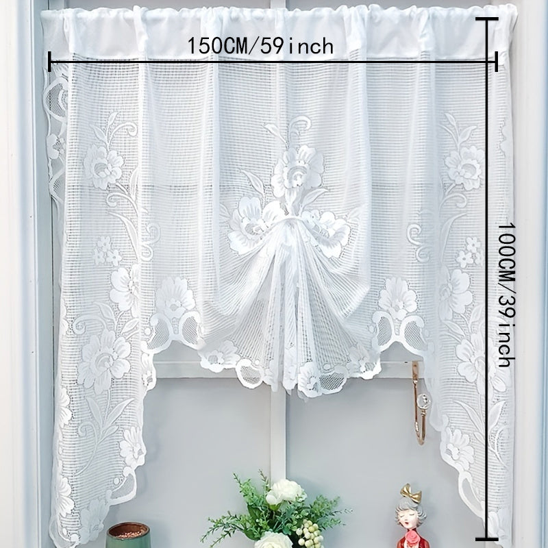 Elegant white lace flower print curtain, suitable for bedroom, living room, kitchen, and study. This rod pocket window treatment is perfect for home decor.