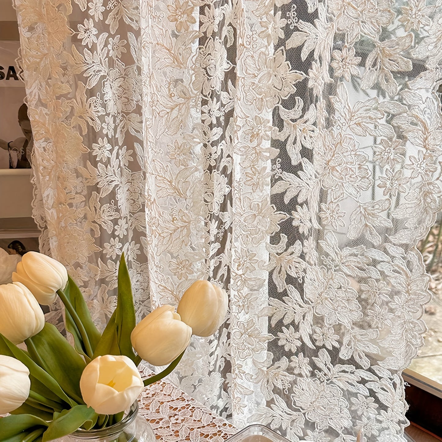 Vintage jacquard sheer curtain set with lace embroidered panels for bedroom, kitchen, restaurants. Washable and unlined, perfect for all seasons with a romantic theme.