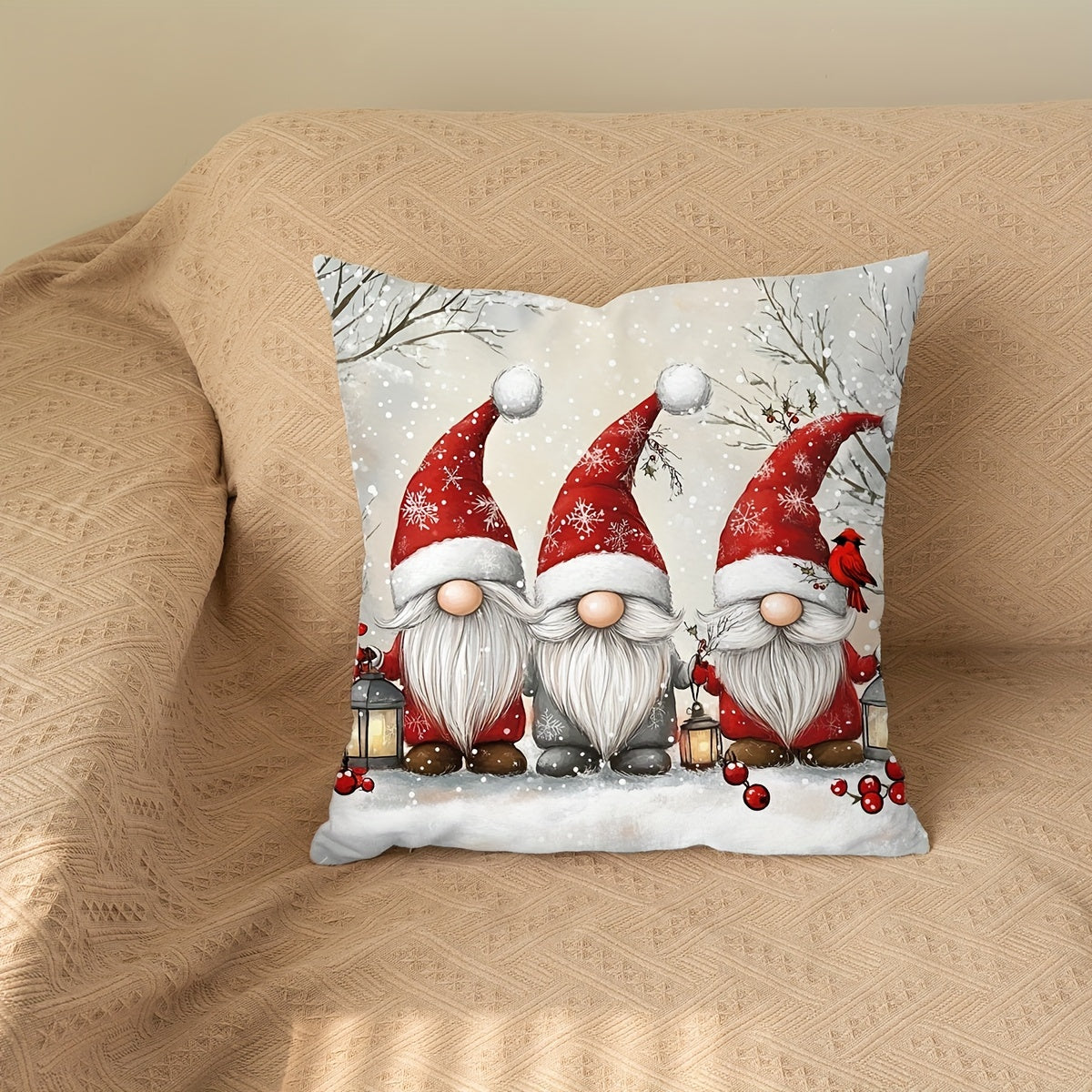 Festive Christmas Gnome Pillowcase: Soft polyester, 44.96cm x 44.96cm, features snowy landscape & red berries. Perfect for living room or bedroom decor. Gnome themed.