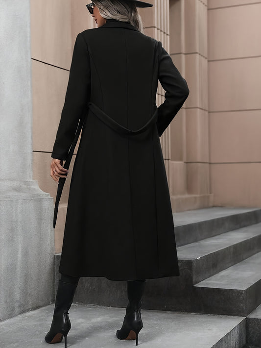 Stylish black trench coat with belt for women's fall/winter outerwear collection.