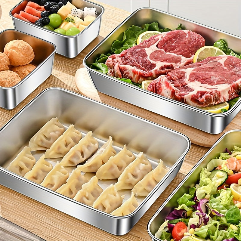 Set of 3 durable stainless steel food storage containers, leak-proof, BPA-free, microwave & freezer safe, shatterproof, multipurpose flip top rectangular kitchen organizers.