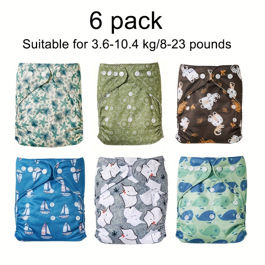 BooBee 6-Pack of Reusable Cloth Diapers - Adjustable and Washable Polyester Covers in a Variety of Patterns. The Perfect Gift for Christmas, Halloween, or Thanksgiving! Fits Babies Weighing 3.63-10.43 KG.