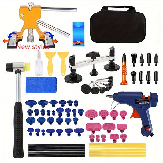 Car dent removal kit with paintless dent repair tools, including a suction cup dent puller tool.