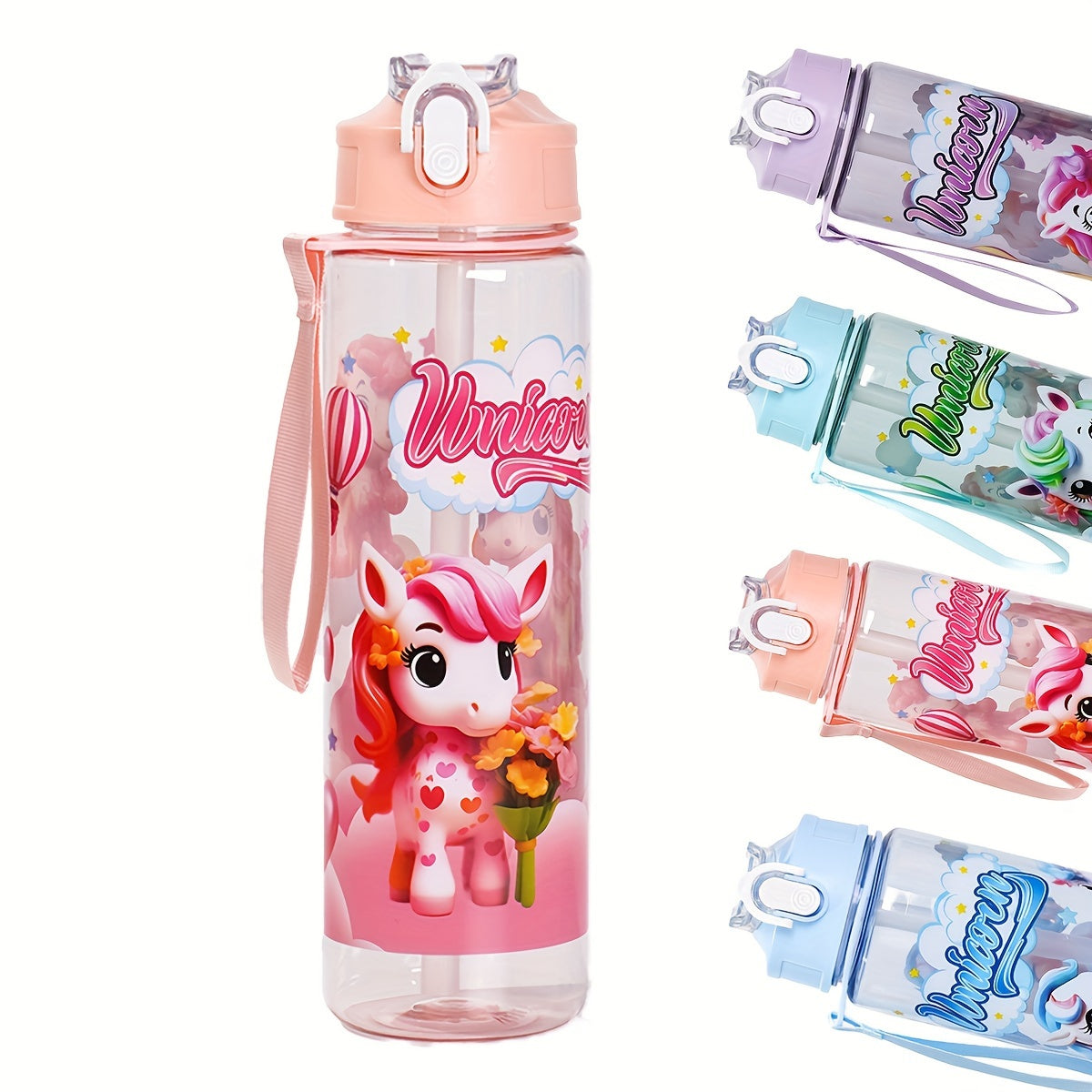 Pony-themed 25oz leakproof water bottle with straw is ideal for camping, travel, and fitness. Durable plastic, PVC-free, perfect for Christmas and Halloween. Hand wash only.