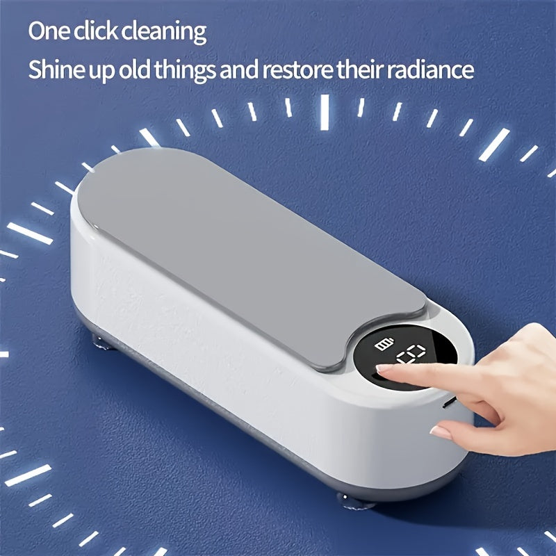 Ultrasonic cleaning machine with rechargeable lithium battery and vibrational stain removal technology for glasses, jewelry, watches, and dental retainers.