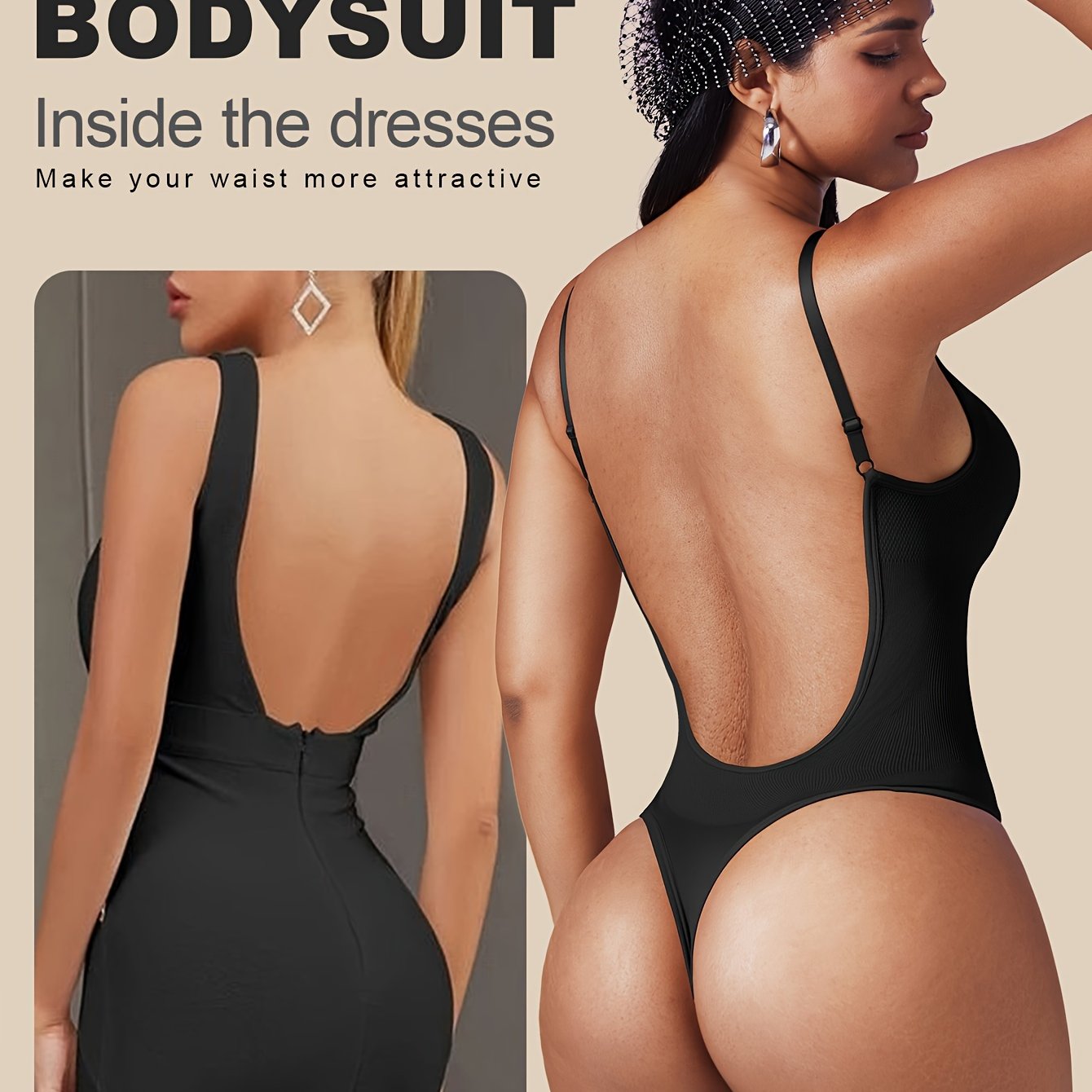 Luviee Backless Bodysuit for women, low support, solid color, hand wash or dry clean.