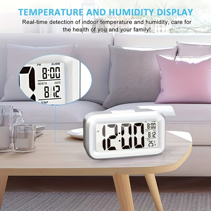 Smart LCD Display Digital Alarm Clock with Indoor Temperature, Date, and Light Sensor - Features Backlight and Night Light, Ideal for Home and Bedroom Use. Battery Operated Desk Clock suitable for Ages 14 and Up.